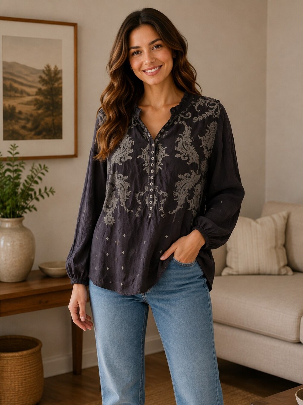 $268 Johhny Was Embroidered Long-Sleeve V-Neck Top Dark Brow Size M
